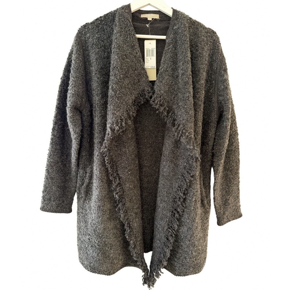 Joan Vass Studio Womens M Heather Graphite Wool Blend Fringe Boucle Cardigan NEW